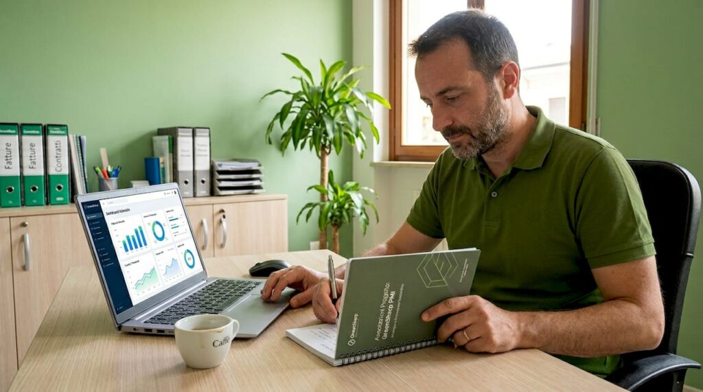 Responsabile di una piccola impresa al lavoro davanti al computer in un ufficio moderno e luminoso