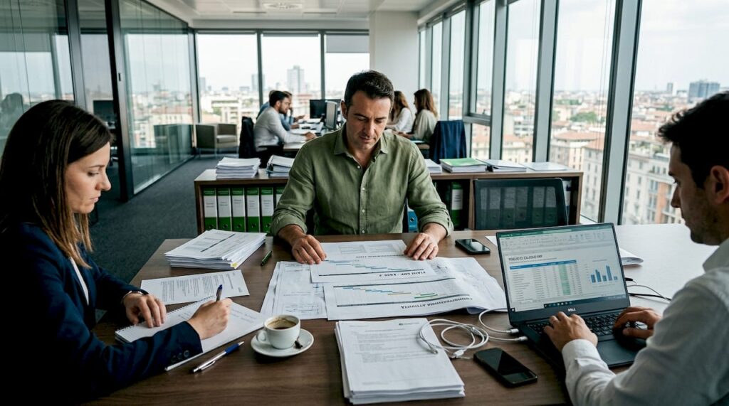 Un gruppo di lavoro riunito intorno a un tavolo in ufficio mentre analizza insieme le strategie per l’implementazione dell’ERP.
