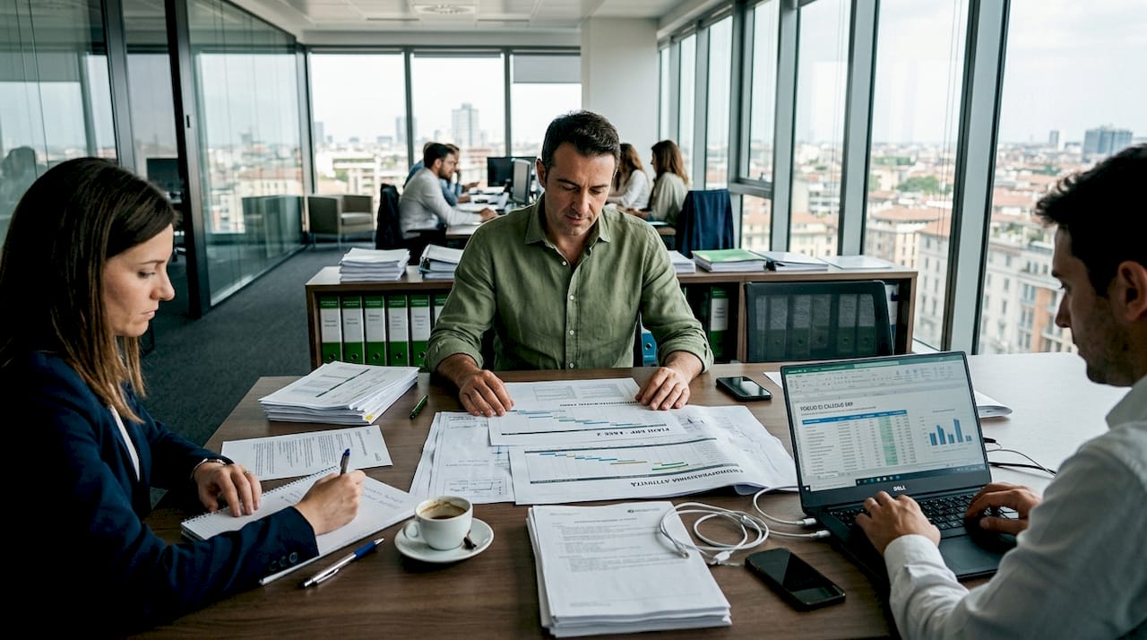 1778729824627_Team-reviewing-ERP-plans-around-office-table - Un gruppo di lavoro riunito intorno a un tavolo in ufficio mentre analizza insieme le strategie per l’implementazione dell’ERP.
