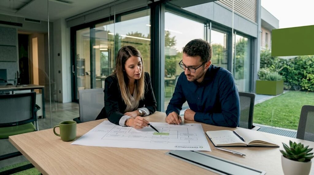 Alcuni professionisti analizzano insieme uno schema di processo durante una riunione in ufficio.
