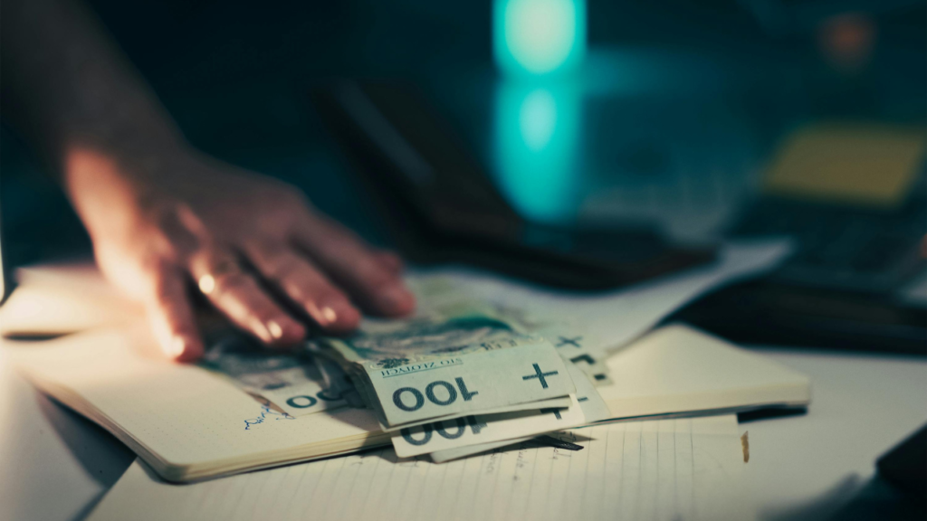 Close-up of a hand counting a stack of €100 banknotes on a notebook at a desk with a blue-lit background.