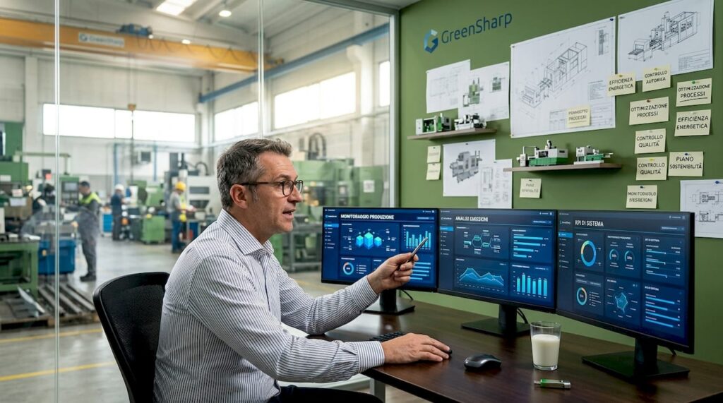 Il responsabile di produzione sta analizzando i dati digitali relativi ai processi manifatturieri.