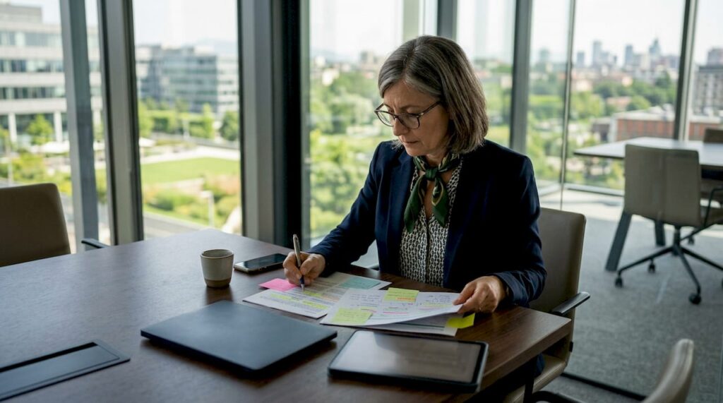 Donna impegnata nell’analisi di documenti gestionali nel proprio ufficio