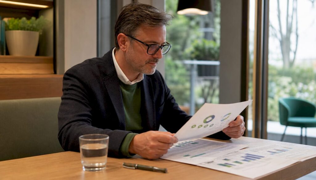 Un manager che analizza strategie e documenti per rafforzare la resilienza digitale della sua azienda.