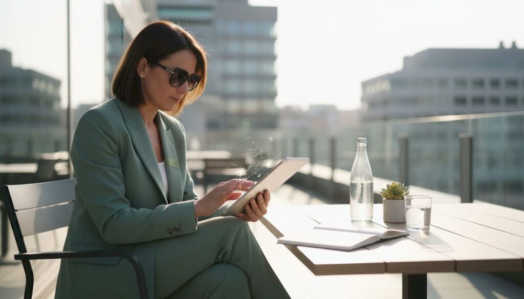 Un manager consulta il tablet mentre lavora in un ufficio moderno.