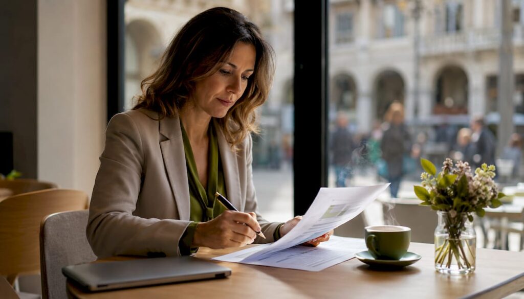Manager al femminile alle prese con la revisione di un documento sulla strategia d’innovazione