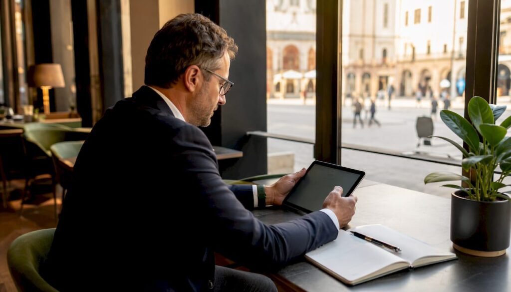 Manager che analizza i dati sul tablet mentre lavora in ufficio
