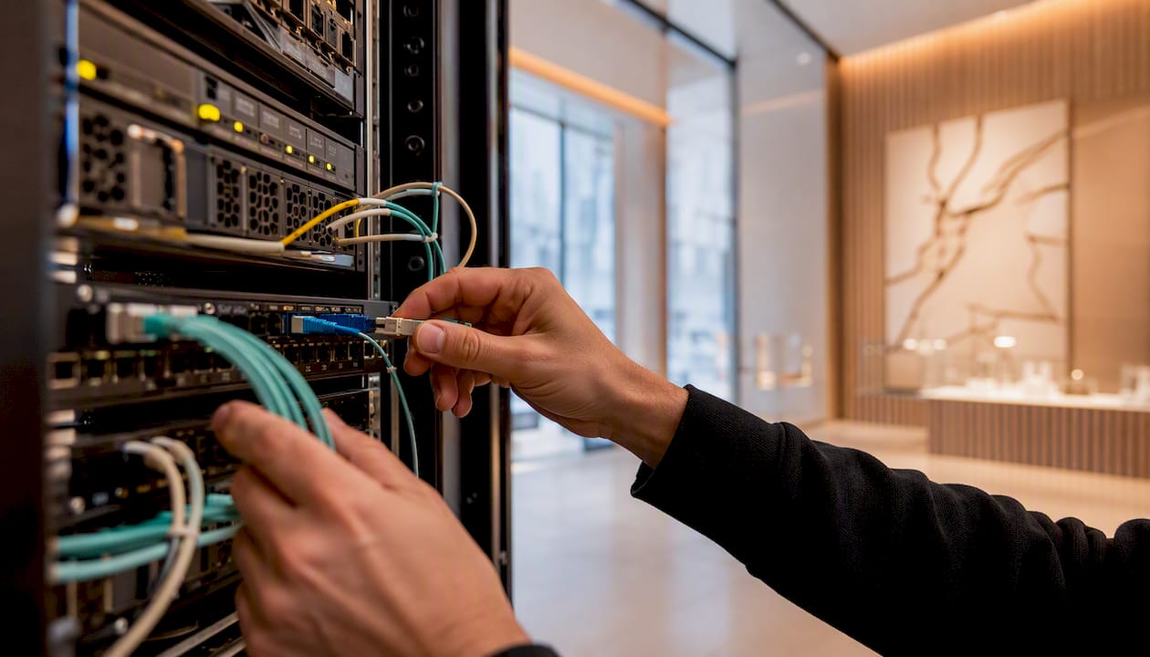 Mani al lavoro per collegare i cavi in fibra ottica all’interno della sala server di un negozio.