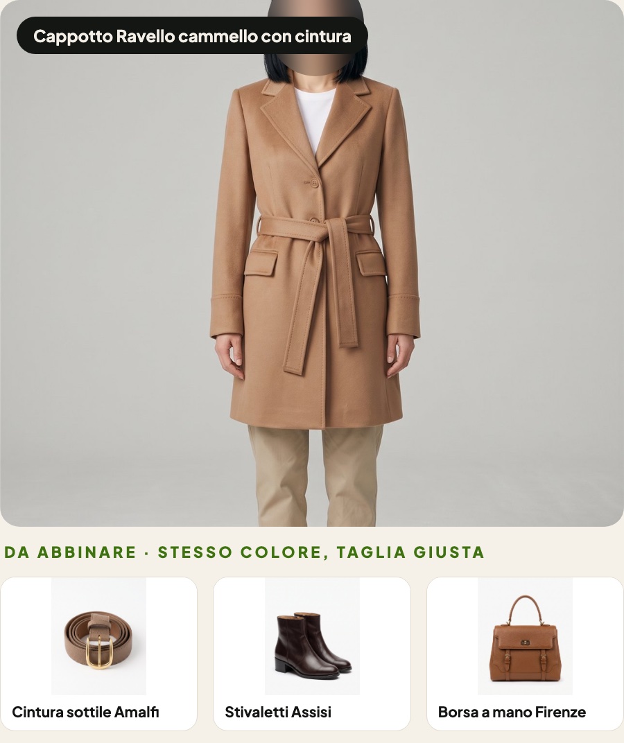 Esempio di abbinamento proposto dagli occhiali: cappotto, cintura, stivaletti e borsa nello stesso colore.